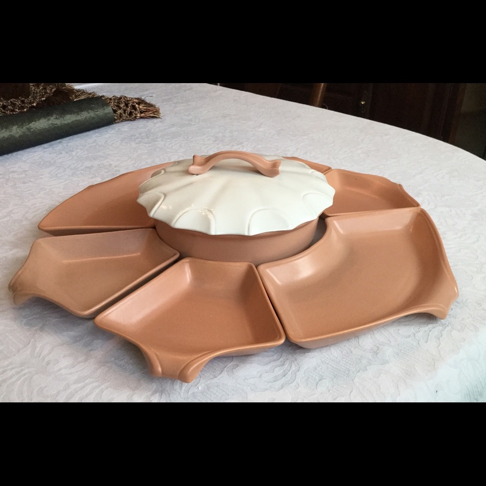Vintage serving dishes and casserole center